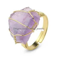 Band Rings Natural Stone Crystal Women Irregar Wire Wrap Healing Purple Fluorite Goldcolor Resizable Finger Ring Jewelry Drop Deliver Dhhrx