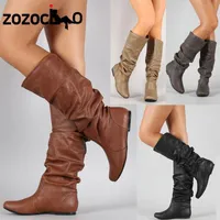 Boots Women Leather Boots Fashion Pleated Wedge Long Boots Round Toe Autumn Winter Solid Slip On Shoes Ladies High Boot Botas De Mujer 230114
