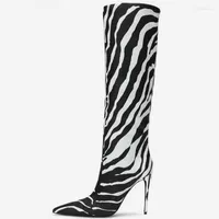Bot Seksi Zebra Baskı Yüksek 2023 Kadınlar Kış Kış Ayak Tip İnce Topuk Diz Moda Parti Ayakkabı Botas de Mujer Plus Boyut