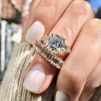 Cluster Rings Luxury 925 Sterling Silver Asscher Cut White Topaz Gemstone Wedding Engagement Diamonds Ring Finger Fine Jewelry WholesaleClus