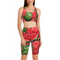 Frauenhose Capris 2023 Yoga tragen 2-teilige Cartoon Red Watermelon Green Girl Mode Shorts Fitnessstudio Sportanzug eng S-XXL