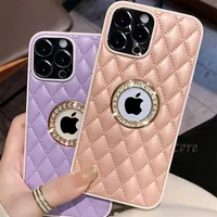 Luxury Diamond Clear Logo Jeweled Leather Phone Case f￶r iPhone 14 13 Pro Max 12 11 XS XR 7 8 Plus Grid Glitter Cute Coque Gold