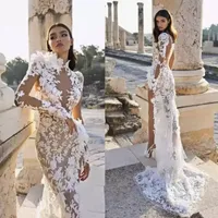 Arabia Mermaid Wedding Dress 2023 Berta High Collar Side Slit Illusion Lace Appliques Långärmad svep Train Boho Bridal Gown BC14341