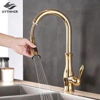 Kitchen Faucets Uythner Gold Polish Swivel Spout Kitchen Sink Faucet Pull Down Sprayer Fashion Design Bathroom Kitchen Cold Water Mixer Tap 230114