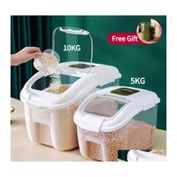 Frascos de botellas de almacenamiento Caja de arroz a prueba de humedad de la cocina de 20 kg de cocina con cereales sellados por la rueda Catete gato gato ca￭da dhqmd