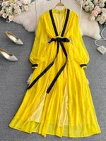 Sıradan Elbiseler Sonbahar Kadınlar Sarı/Gül Kırmızı/Siyah Parti Uzun Elbise Vintage Lüks Derin V-Neck Puff Sleeve Split A-Line Maxi Vestidos 2023