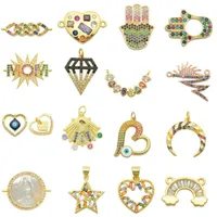 Charms Brass Copper Zircon Rainbow Star DIY Jewelry Pendant Connector Wholesale Hamsa Hand Fan MOM Pave CZ Love Sunrise