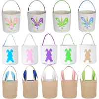 Party Easter Bunny Basket Bags With Handle Kids Linen Carrying Gift Handbag Eggs Hunt Bag Fluffy Tails Printed Rabbit Toys Bucket Tote Party Decoration