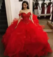 Red Off Shoulder Ball Gown Quinceanera Dresses Cascading Ruffles Sweep Train Beads Prom Party Gowns For Sweet 15 Graduation Dress Custom Made BC11801