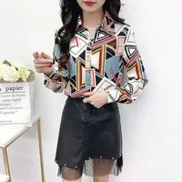 女性用ブラウスシャツ韓国ファッションウーマン2023プリント長袖のターンダウンカラースリムシフォン女性特大トップスブルザミュージャー