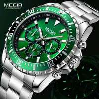 Wristwatches MEGIR Men's Chronograph Quartz Watches Stainless Steel Waterproof Lumious Analogue 24-hour Wristwatch For Man Green Dial 2064G-
