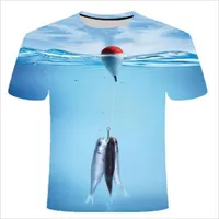 남성용 T 셔츠 여름 남자와 여자 생선 수영 3D 프린팅 티셔츠 패션 짧은 슬리브 하라주 쿠 유니즈 탑