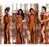Elegant Brown Mermaid Long Bridesmaid Dresses Plus Size Off Shoulder Neck Split Ruched Sweep Train Maid of Honor Gowns Wedding Guest Wear
