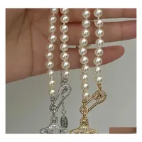 Pendant Necklaces High Version Of Queen Mother Ansey Fl Diamond Pins Paper Clips Pearl Clavicle Chain Light Luxury Advanced Feeling Dhqys