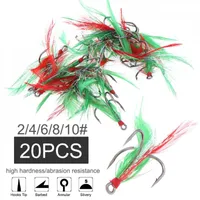 20pcs/Los Feather Treble Fishing Hook 2# 4# 6# 8# 10# Runde Biegung Stachelbrot Triple Haken mit grünem Rot