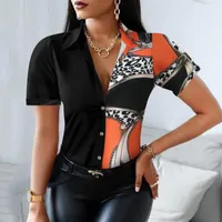 Women's Blouses Shirts Office Lady Black Blouse Women Oversize Short Sleeve Lapel Colorblock Vintage Print Turn Down Collar Elegant Tops