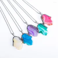 Pendant Necklaces Real Reiki Natural Stone Onyx Healing Crystals Hamsa Fatima Rhinestone Beads Necklace For Women Fashion Jewelry
