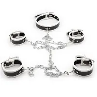 Mens G-Strings Metal Slave Chain Fetter Faux Leather Wrist Ankle Hand Cuffs Collar BDSM Restraints Handcuff Sex Toys for Coupl
