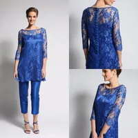 Elegant Royal Blue Mother Of The Bride Suits Lace Half Sleeves 3 Pieces Wedding Party Gowns Guest Groom Mom Formal Wear Tea Length Spring Summer Evening Pants Outfits