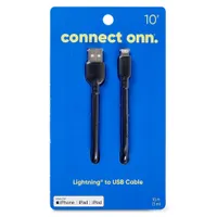 onn. 10 ft Lightnin to USB Cable Black for iPhone iPad iPod