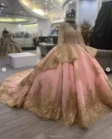 Pink Ball Gown Quinceanera Dresses Gold Appliques Vintage Long Sleeve Gillter Sequins Appliques Junior Graduation Gowns Sweet 15 vestido Prom Evening Gowns 2023