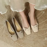 Dress Shoes soft leather French bow shallow mouth single shoe new thick heel square toe granny shoes middle heel