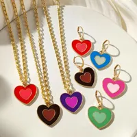 Necklace Earrings Set Colorful Enamel Heart Pendant Golden Love Dripping Oil Drop Jewelry For Women Fashion Party Gift
