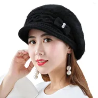 Ball Caps Winter Women Beret Hat Flower Faux Pearls Solid Color Ear Protection Windproof Imitation Fur Stretchy Knitted Peaked