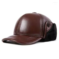 Berets Outdoor Winter Men's Leather Hat Thicken Cowhide Baseball Caps With Ears Warm Snapback Dad's Hats Bomber