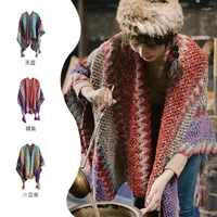 Scarves Vintage Harajuku Knitted Blanket Shawls Scarfs Women's Warm Shawl Wraps Fringe Cape Winter Cardigan Sweaters Open Front Ponchos