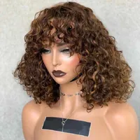 NXY LACE Peruki głębokie fala ludzkie włosy z grzywką Brązowy kolor 150 200 Gęstość Kręcona pełna maszyna dla czarnych kobiet Tanie Bob 230106