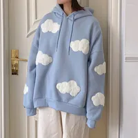 Bluzy damskie błękitne niebo białe chmury miękkie stylowe bluzki z kapturem kobiety jesienne zima długie rękaw swobodny pullover 2023 Lady Jumper Loose
