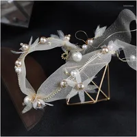 Hair Jewelry White Crepe Luxury Big Pearl Handmade Headbands Gold Soft Yarn Band Wedding Bridal Headdress