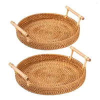 Aufbewahrungskörbe Round handgewebte Rattan-Tablett Fruchtkorb Brot, die handgefertigte Plattenplatte mit Holzgriff zum Frühstück serviert