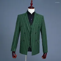 Erkekler Suits yeşil butik şerit gelinlik takım elbise üç parçalı erkek resmi iş ekose gündelik (ceket yelek pantolon)