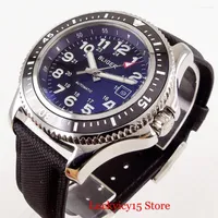 Wristwatches 44mm Black Dial Self Winding Mechanical Men Watch Rotating Bezel MIYOTA Movement Leather Strap