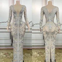 Stage Wear Sparkly Long Sleeves Split Evening Dress Silver Rhinestones Wedding Gown Costumes Women Birthday Celebrate Outfit XS4708