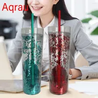 Mugs 473ml   16oz Creative Double Layer Transparent Plastic Cup Water Drop-Resistant PP Straw Design Comfort