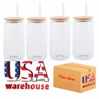 US Warehouse 16oz Sublimação Canecas de cerveja de vidro com palha de palha de bambu DIY Blanks Fosted Clear pode moldado copos de transferência de calor TT0119