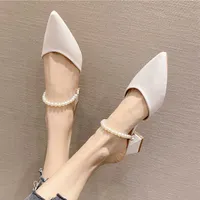 Shoes Pointed half Baotou back empty sandals women's middle heel pearl fairy slippers wear French back empty with thick heel