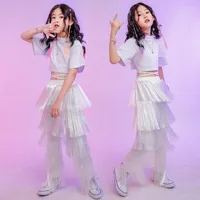 Stage Wear Kids Cool Hip Hop Outfits Clothing High Neck White Crop Top Tassel Pants Street Girls Jazz Dance Costumes Clothes Suit