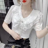 Women's Blouses Chiffon Summer 2023 Style V-neck Ruffle Lace Top Women's Short Sleeve Blusas Clothes For Women Shirts Blouse