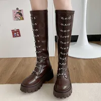 Boots Punk Chunky Platform Knee High Women 2022 Fashion Metal Chain Pu Leather Woman Back Zipper Long Botas Female 221215