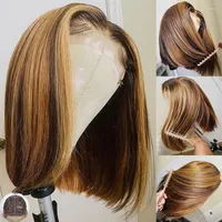 Straight Bob Human Hair Wigs T Part Lace Wig Brown Blonde Highlight Brazilian Remy 180% Pre Plucked Glueless