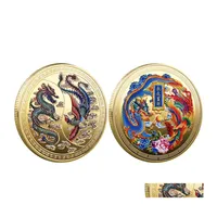 Other Arts And Crafts Chinese Coin With Dragons Phoenix 45Mm Collectibles Coins Lucky Commemorative Medal Gold Plated Souvenir For D Dhqoz