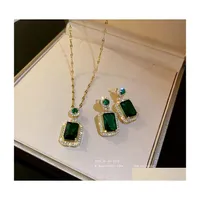 Pendant Necklaces Fashion Jewelry Choker Pedant Necklace S925 Siver Post Dangle Earrings For Women Green Crystal Rhinestone Geometri Dhzt2