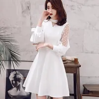 Ethnic Clothing White Women Banquet Evening Dress Sexy Hollow Out Dots Bud Sleeve Short Dresses Hight Neck Bride Wedding Party Prom Gown