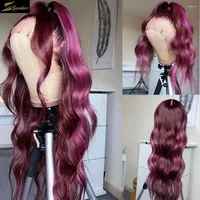 Colored Dark Purple 13x6 Lace Front Wig preplusted HD Transparente Body Wave Remy Human Hair Wigs para mujeres negras Resalto 250
