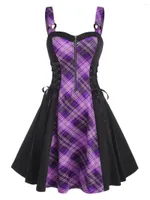 Casual Dresses Dressfo Autumn Gothic For Women Plus Size &amp; Curve Dress Plaid Insert O Ring Half Zip Lace Up A Line Midi