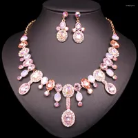 Necklace Earrings Set Fashion Pink Austrian Crystal Pendant & And Gold Color Bridal Wedding Costume Gifts For Women